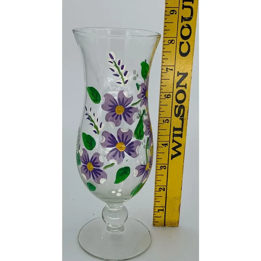 Hand Painted Flower Vase Clear Glass Bud Purple  8